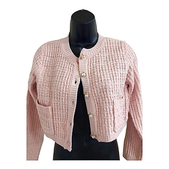 Jessica Simpson pink textured knit pearl button crop cardigan sweater jacket - Picture 6 of 15